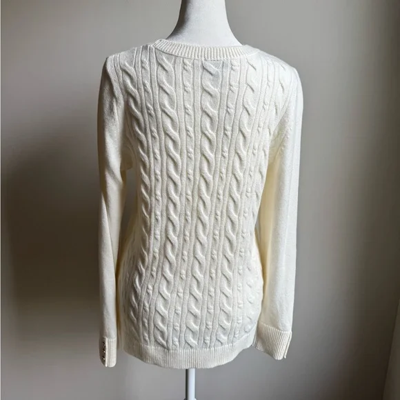 Talbots Women’s Cable Knit Crewneck Sweater Cream‎ Size Medium Decorative Sleeve - Picture 3 of 8
